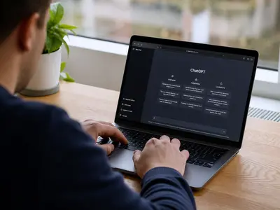 Over-the-shoulder shot of an office worker at a desk using a laptop with the ChatGPT interface open on the screen, natural daylight from a window, the OpenAI br