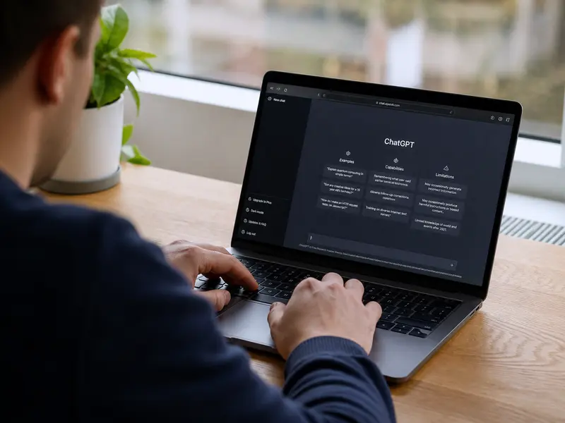 Over-the-shoulder shot of an office worker at a desk using a laptop with the ChatGPT interface open on the screen, natural daylight from a window, the OpenAI br