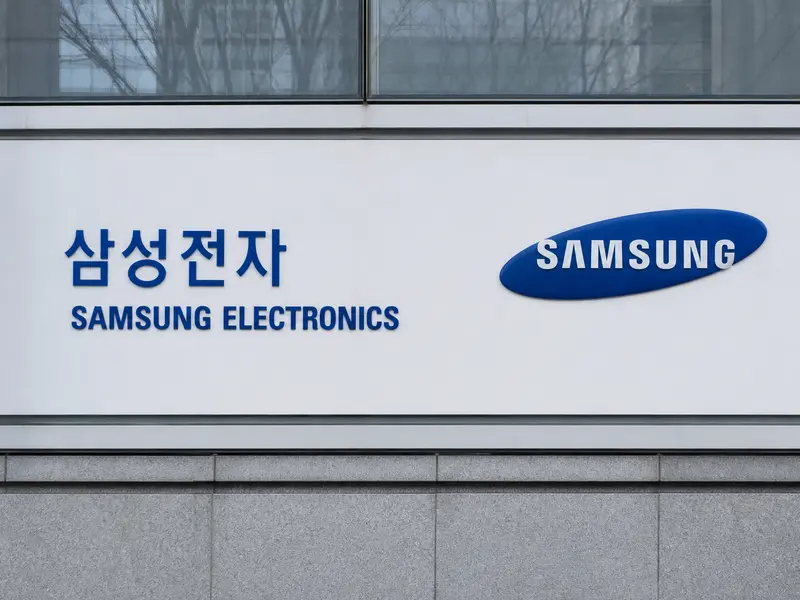 The Samsung Electronics sign and logo mounted on the exterior of its Seocho headquarters building in Seoul, photographed head-on at eye level in flat daytime li