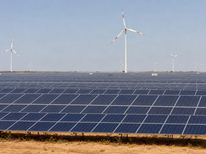 A wide establishing shot of a large operating utility-scale solar farm in India under bright daylight, rows of photovoltaic panels stretching across arid open l