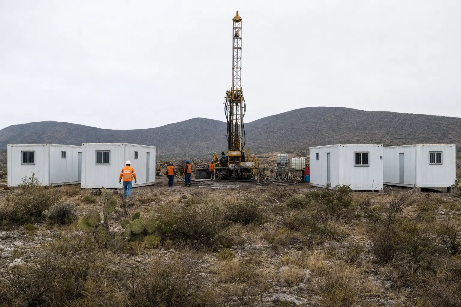 A head-on view of a silver exploration project site on scrubby semi-arid highland in Guanajuato, Mexico, with white portable container offices lined up beside a