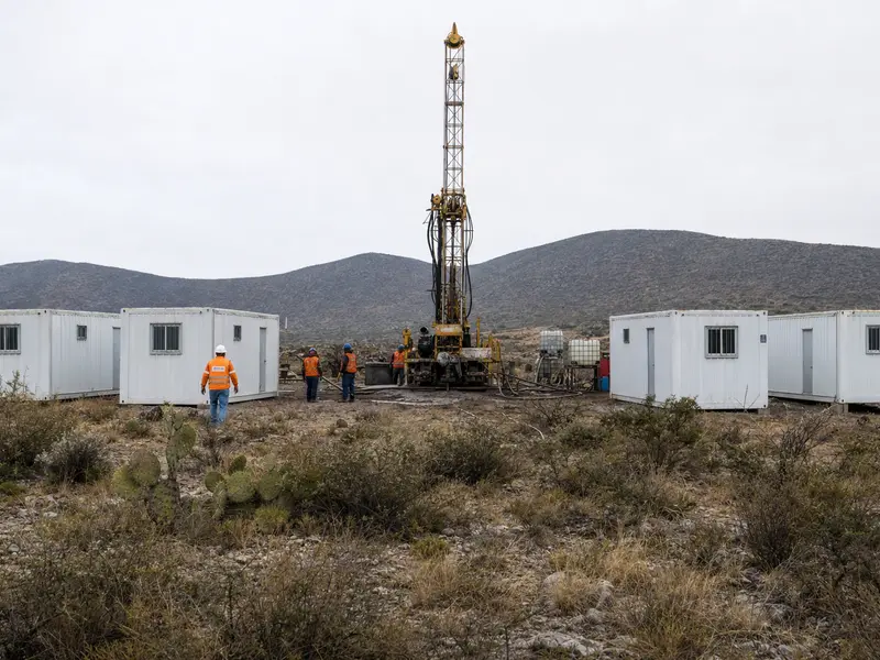 A head-on view of a silver exploration project site on scrubby semi-arid highland in Guanajuato, Mexico, with white portable container offices lined up beside a