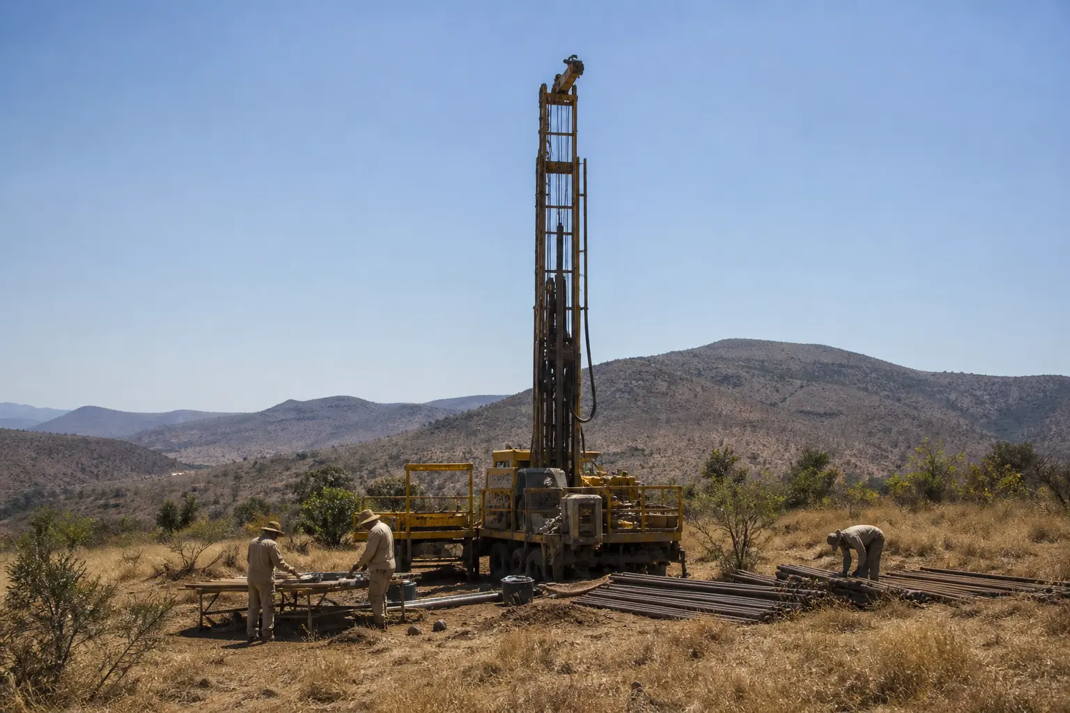 A wide establishing shot of a drilling rig at a remote mineral exploration site on dry South African veld, with a few geologists working nearby under ordinary d