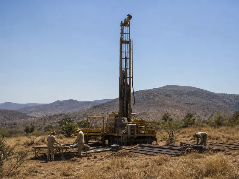 A wide establishing shot of a drilling rig at a remote mineral exploration site on dry South African veld, with a few geologists working nearby under ordinary d