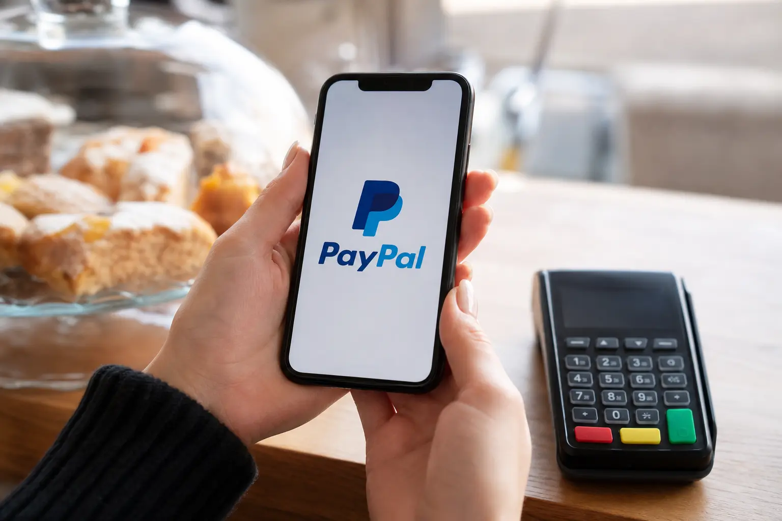 A close, straight-on shot of a smartphone displaying the PayPal payment app in a person's hands at a cafe counter, the PayPal logo appearing naturally on the sc