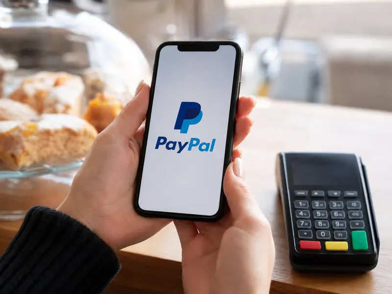 A close, straight-on shot of a smartphone displaying the PayPal payment app in a person's hands at a cafe counter, the PayPal logo appearing naturally on the sc
