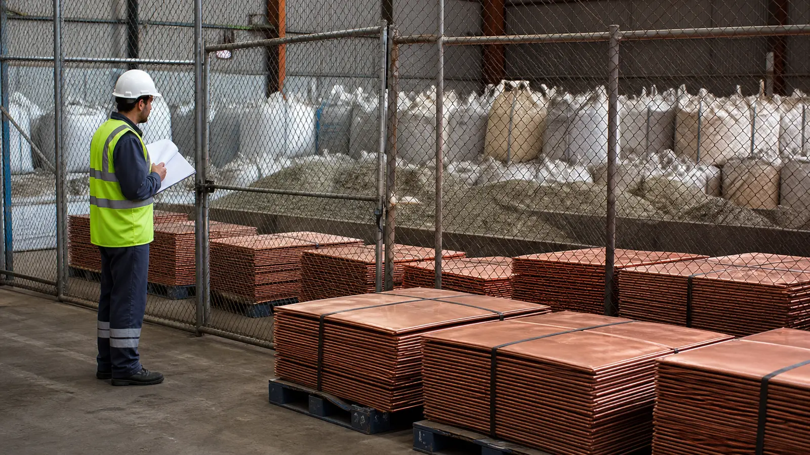 A daylight photograph inside a busy industrial metals warehouse shows neat rows of unlabeled copper cathodes and bulk sacks of mineral concentrates stacked behi