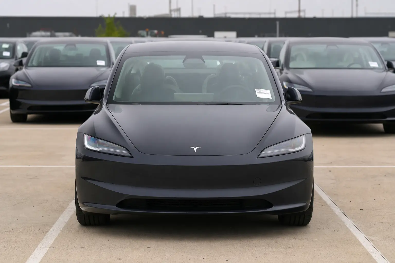 A row of new Tesla vehicles parked head-on in an outdoor delivery lot under flat daylight.