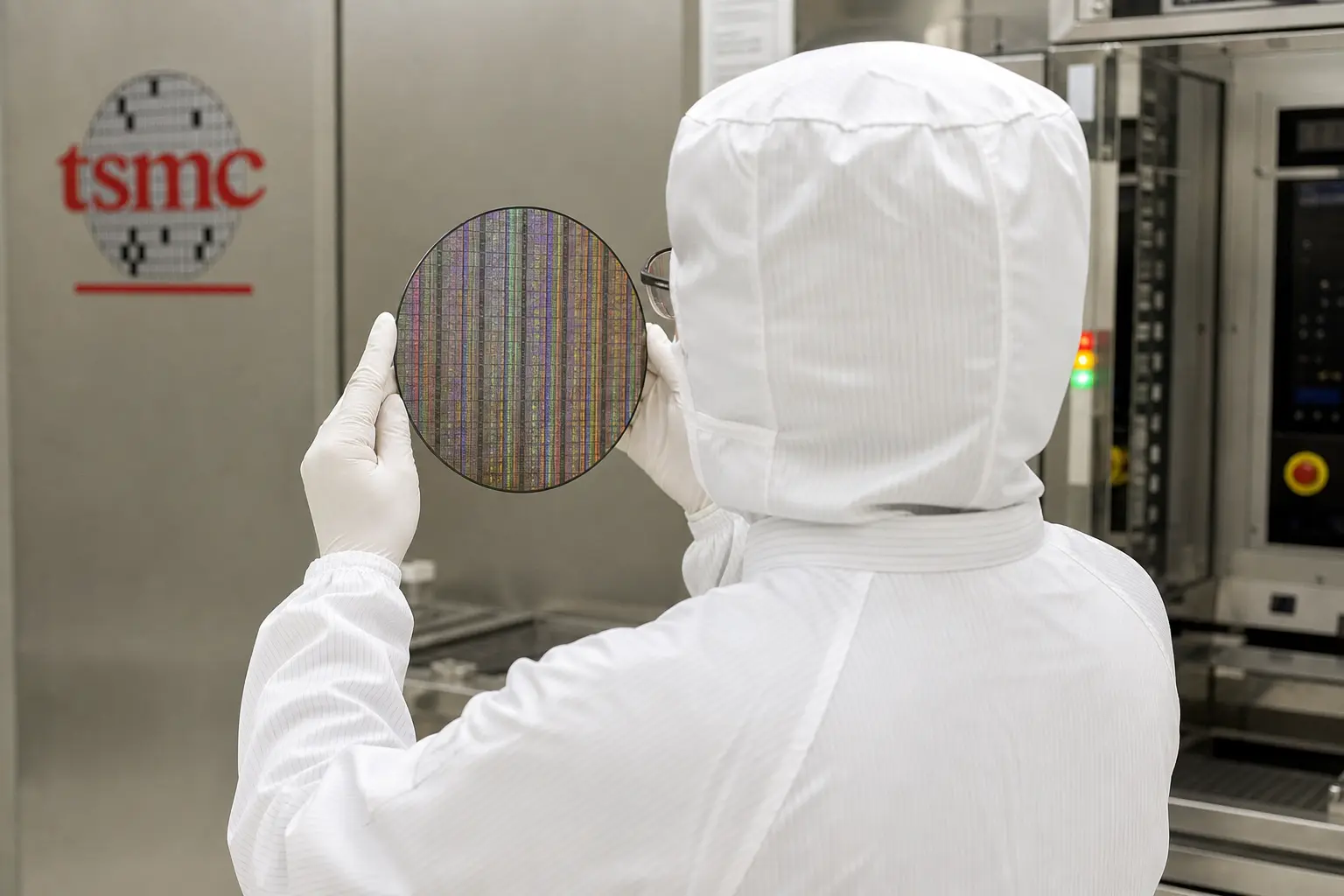 A technician in a full white cleanroom bunny suit inspects a shiny silicon wafer under fab lighting inside a TSMC semiconductor plant, the company's logo faintl