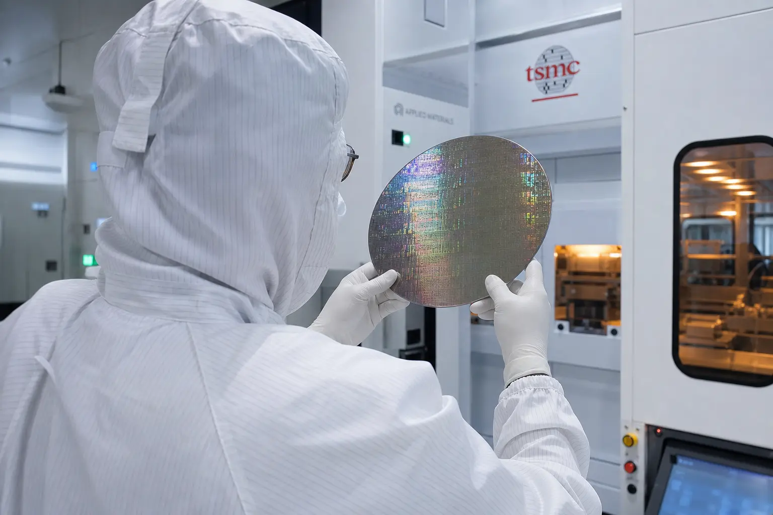 A technician in a full white cleanroom bunny suit inspects a polished silicon wafer inside a TSMC semiconductor fab, framed over the shoulder under cool cleanro