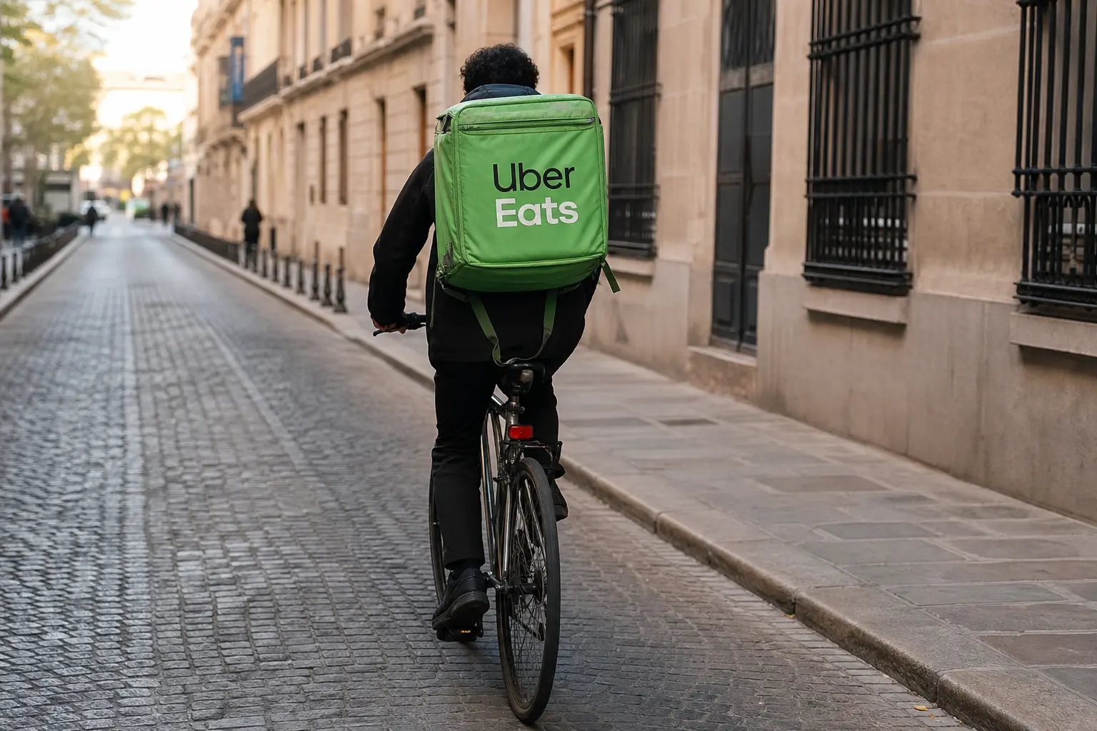 A street-level shot of an Uber Eats courier on a bicycle carrying a branded green insulated delivery backpack while riding through a European city street in day