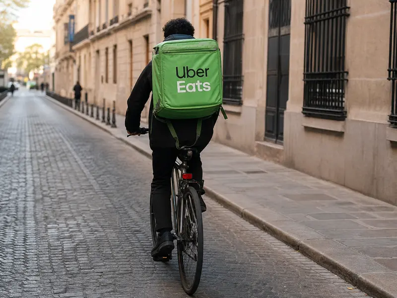 A street-level shot of an Uber Eats courier on a bicycle carrying a branded green insulated delivery backpack while riding through a European city street in day