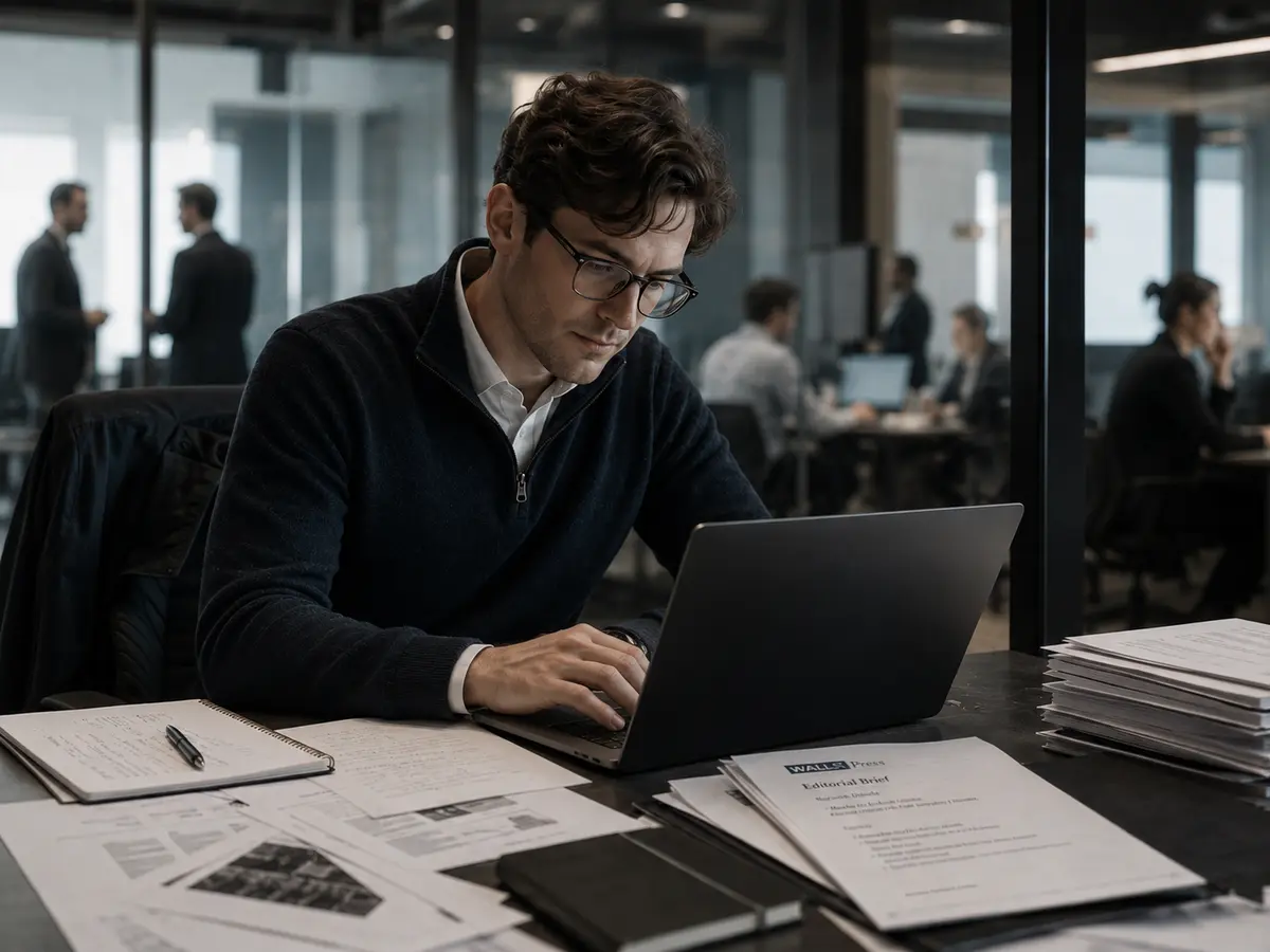 Wall St Press writer planning a story in the office.