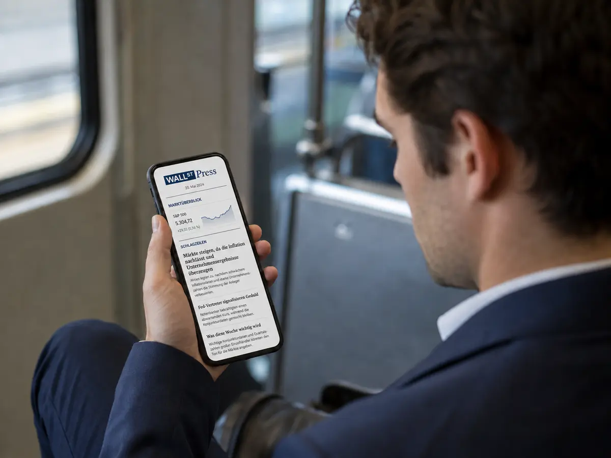 Mann liest den Wall St Press-Newsletter im öffentlichen Nahverkehr.