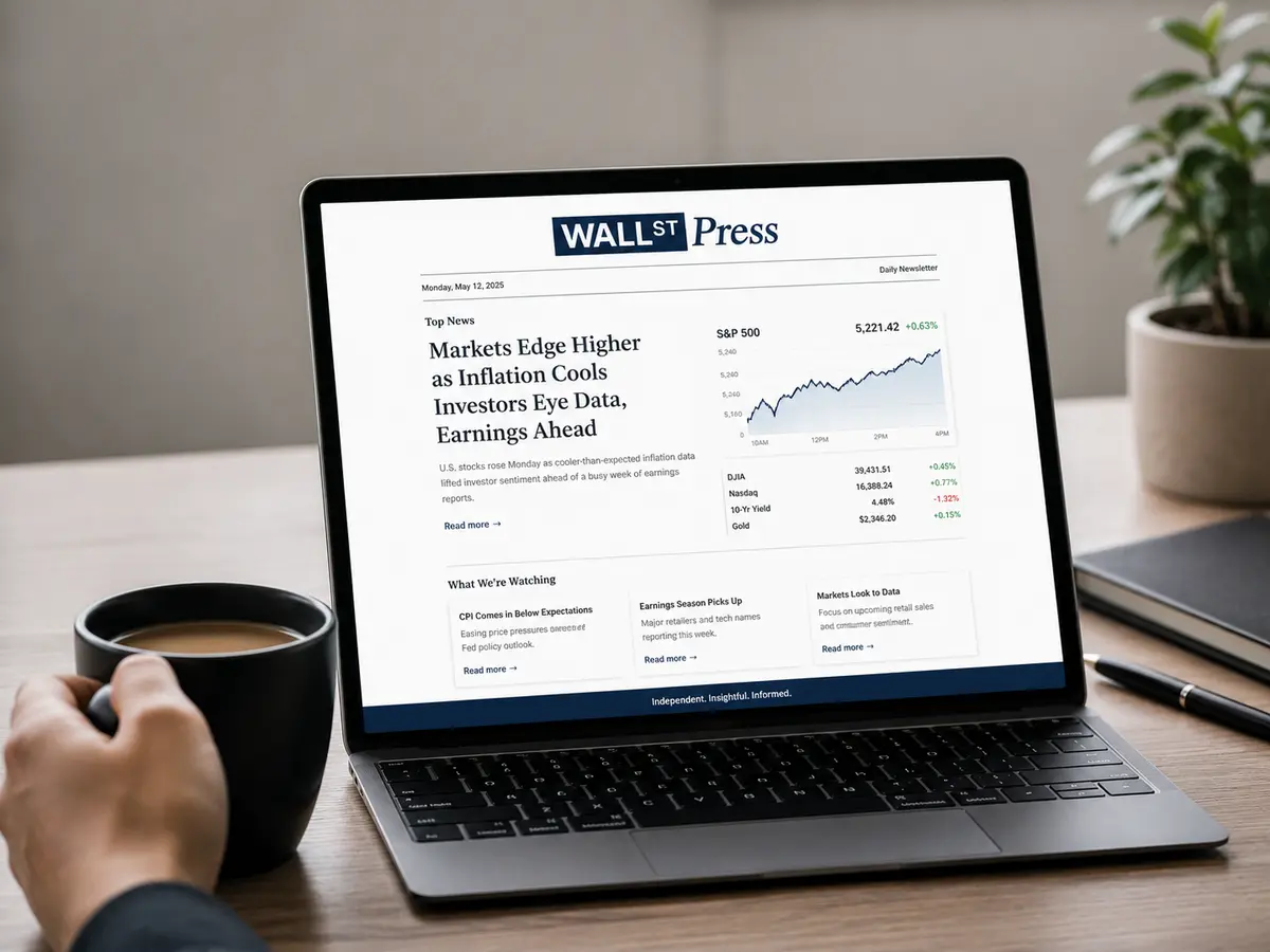 Wall St Press newsletter on laptop, morning read.
